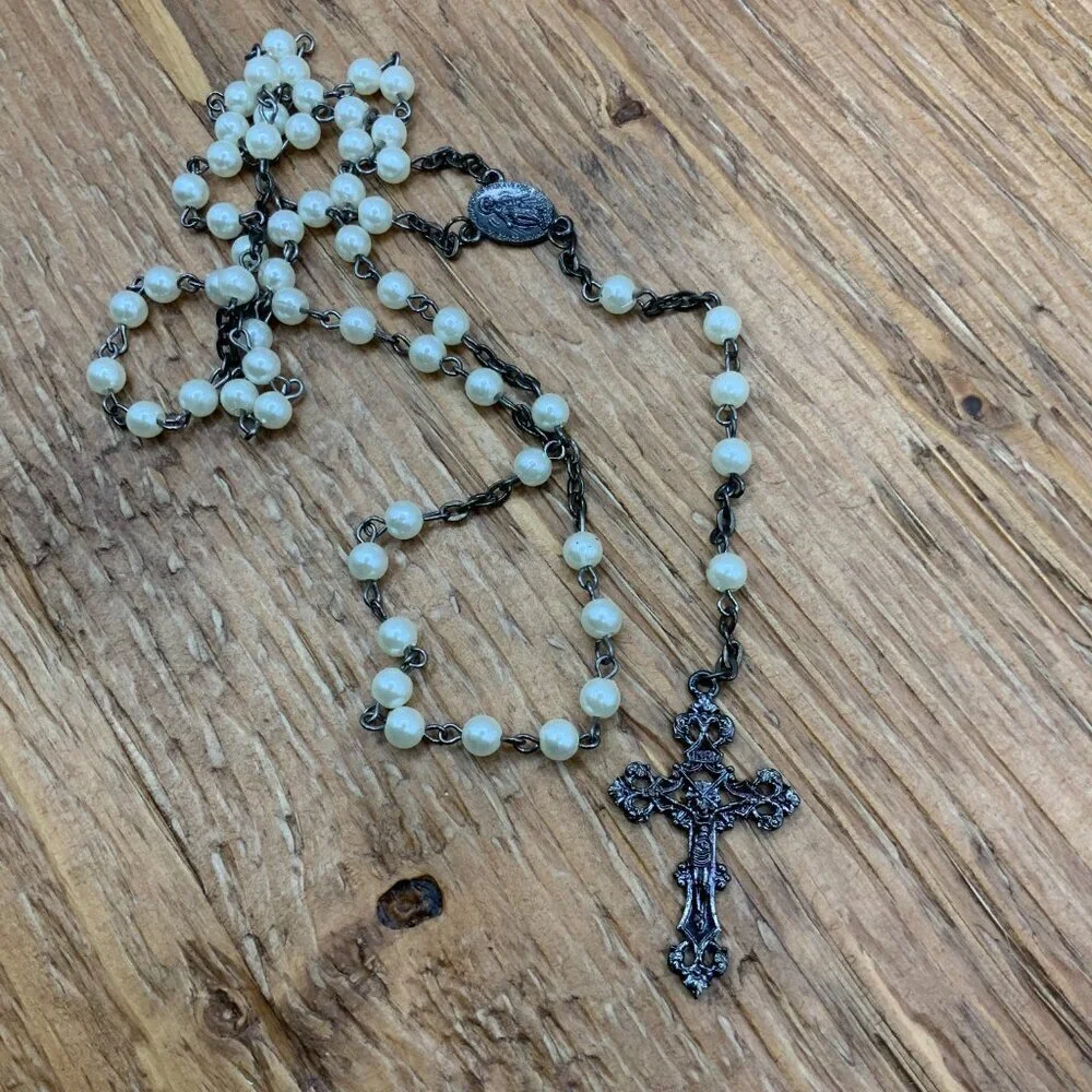 Rosary Vintage Beaded White Faux Pearl Gun Metal Cross